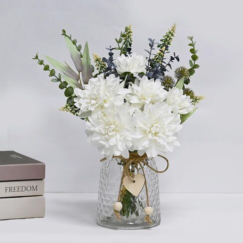 LADADA Blue Artificial Flower Bouquet in Ceramic Vase, White and Blue Ball Chrysanthemum with Eucalyptus, Minimalist Desk Decor for Office Home Centerpiece in Saudi Arabia