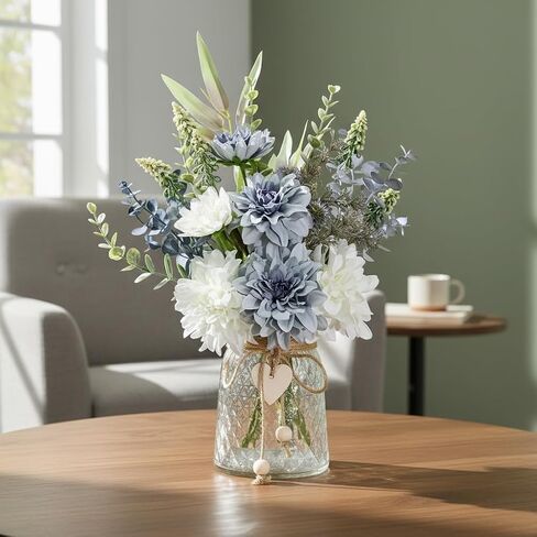 LADADA Blue Artificial Flower Bouquet in Ceramic Vase, White and Blue Ball Chrysanthemum with Eucalyptus, Minimalist Desk Decor for Office Home Centerpiece in Saudi Arabia