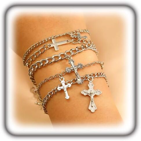 Silver Cross Chain Bracelet Set for Women Men,Y2k Punk Stackable Cross Link Chains Bracelets,Trendy Gothic Halloween Jewelry in Saudi Arabia