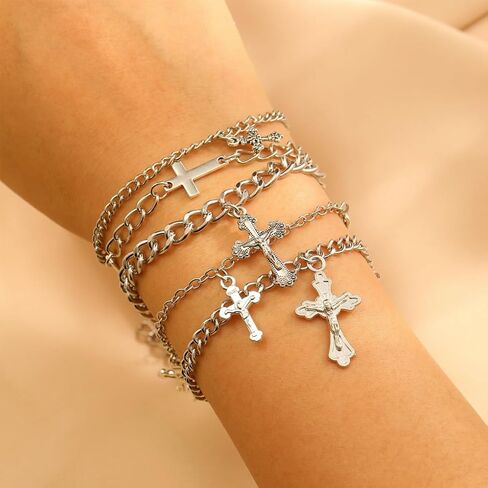 Silver Cross Chain Bracelet Set for Women Men,Y2k Punk Stackable Cross Link Chains Bracelets,Trendy Gothic Halloween Jewelry in Saudi Arabia