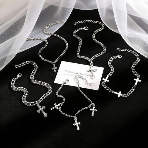 Silver Cross Chain Bracelet Set for Women Men,Y2k Punk Stackable Cross Link Chains Bracelets,Trendy Gothic Halloween Jewelry in Saudi Arabia