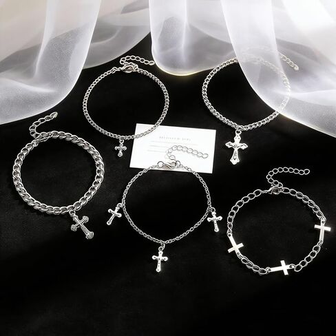 Silver Cross Chain Bracelet Set for Women Men,Y2k Punk Stackable Cross Link Chains Bracelets,Trendy Gothic Halloween Jewelry in Saudi Arabia