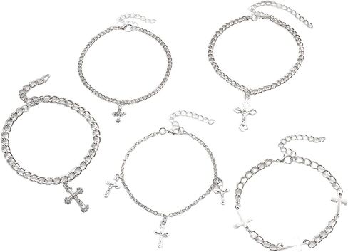 Silver Cross Chain Bracelet Set for Women Men,Y2k Punk Stackable Cross Link Chains Bracelets,Trendy Gothic Halloween Jewelry in Saudi Arabia
