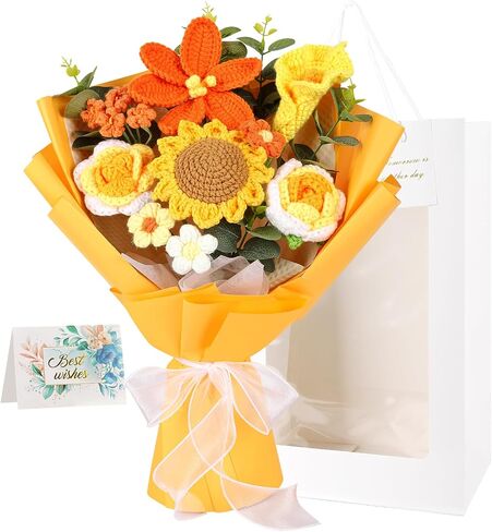 Crocheted Bouquet, Handmade Knitted Flowers，Tulips, Sunflowers Roses Crochet Flowers Suitable for Valentine's Day Teacher's Day Anniversary Birthday Parties Mother's Day Graduation Gifts (Pink) in Saudi Arabia