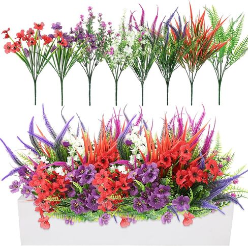 24 Colorful Bundles Artificial Fake Plants Flowers for Outdoor Decoration, Realistic Plastic Silk Spring Summer Flowers, Daisy and Petunia Hanging Planters for Garden Porch Window Box Yard in Saudi Arabia