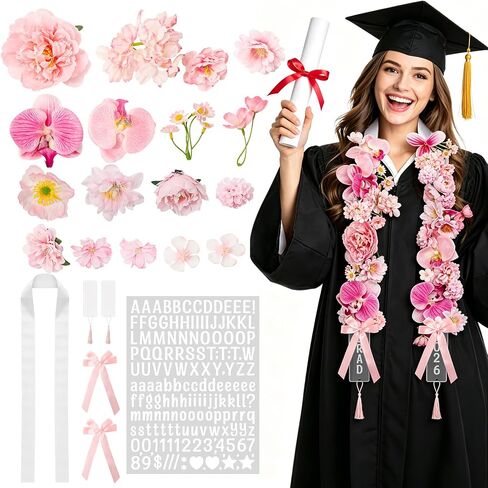JarThenaAMCS 38Pcs DIY Graduation Leis Set Class of 2026 Pink Flower Graduation Stole with Acrylic Tassel Card Stickers for Craft High School College Student Congrats Grad Gift Party in Kuwait