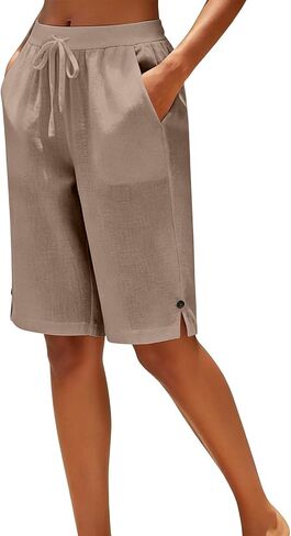 Cotton Linen Capris Pants for Women Straight Leg Drawstring Elastic Waist Cropped Pant Casual Summer Bermuda Shorts in Kuwait