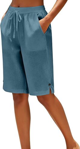 Cotton Linen Capris Pants for Women Straight Leg Drawstring Elastic Waist Cropped Pant Casual Summer Bermuda Shorts in Kuwait