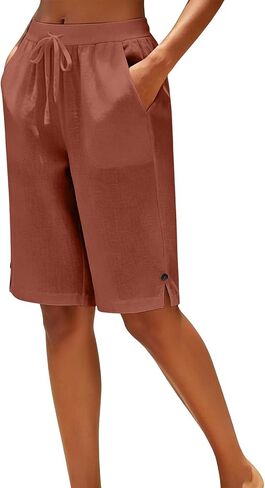 Cotton Linen Capris Pants for Women Straight Leg Drawstring Elastic Waist Cropped Pant Casual Summer Bermuda Shorts in Kuwait