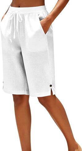Cotton Linen Capris Pants for Women Straight Leg Drawstring Elastic Waist Cropped Pant Casual Summer Bermuda Shorts in Kuwait
