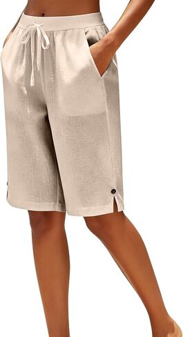 Cotton Linen Capris Pants for Women Straight Leg Drawstring Elastic Waist Cropped Pant Casual Summer Bermuda Shorts in Kuwait