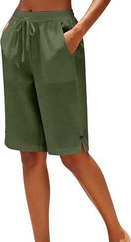 Cotton Linen Capris Pants for Women Straight Leg Drawstring Elastic Waist Cropped Pant Casual Summer Bermuda Shorts in Kuwait