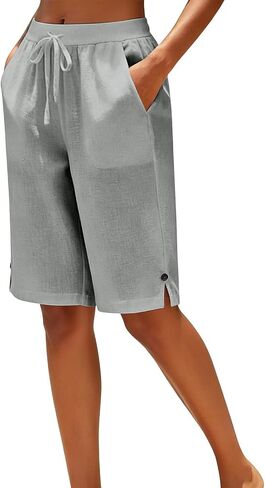 Cotton Linen Capris Pants for Women Straight Leg Drawstring Elastic Waist Cropped Pant Casual Summer Bermuda Shorts in Kuwait