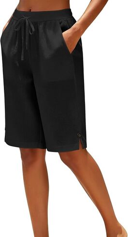 Cotton Linen Capris Pants for Women Straight Leg Drawstring Elastic Waist Cropped Pant Casual Summer Bermuda Shorts in Kuwait
