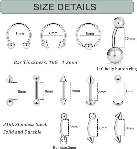 60Pcs 16G Surgical Steel Lip Rings for Women Men Labret Studs Horseshoe Septum Nose Piercing Belly button Rings Eyebrow Navel Body Piercing Jewelry in Saudi Arabia