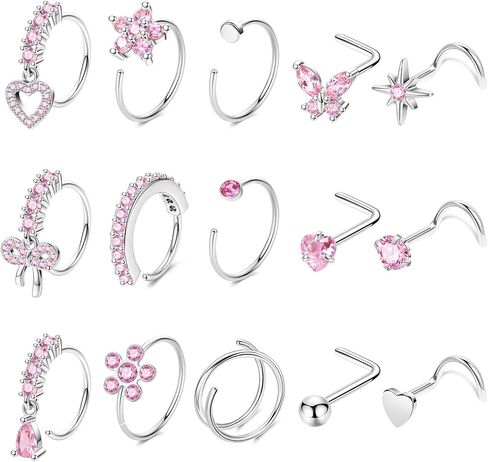15 Pcs 20G Nose Rings for Women 316L Stainless Steel Nose Rings Hoops Butterfly Star L Shaped Nose Studs Heart Bow Dangle Nose Hoops Gold Plated Silver Pink CZ Nose Piercing Jewelry Gold Pink in Saudi Arabia