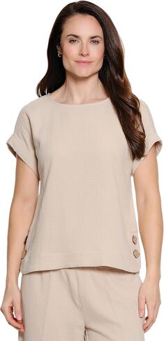 Ali Miles Women's Clothing | Woven Popover scoop Neck dolman Short Sleeves curved Hem With Buttons in Kuwait