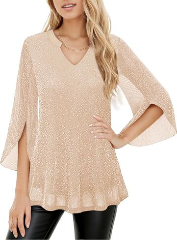 Womens 3/4 Sleeve Sparkly Tops, Dressy Casual Mesh Glitter Tunic Top Double Layered V Neck Loose Blouses in Saudi Arabia