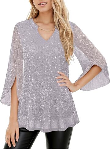 Womens 3/4 Sleeve Sparkly Tops, Dressy Casual Mesh Glitter Tunic Top Double Layered V Neck Loose Blouses in Saudi Arabia