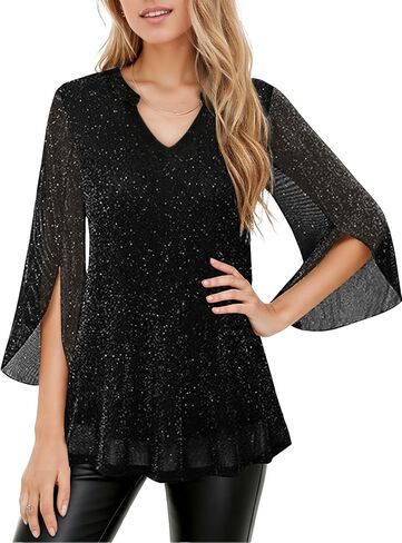 Womens 3/4 Sleeve Sparkly Tops, Dressy Casual Mesh Glitter Tunic Top Double Layered V Neck Loose Blouses in Saudi Arabia