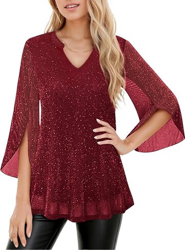 Womens 3/4 Sleeve Sparkly Tops, Dressy Casual Mesh Glitter Tunic Top Double Layered V Neck Loose Blouses in Saudi Arabia