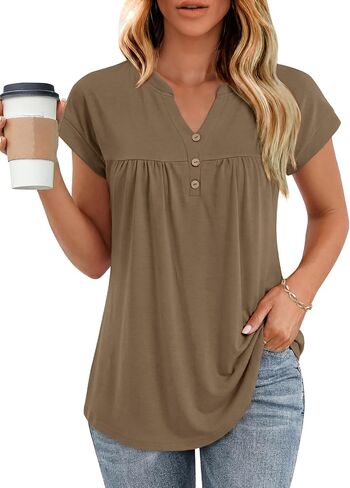Womens T Shirts Short Sleeve Pleated Button Top Dressy Casual V Neck Summer Tunic Tops Loose Fit Blouses in Saudi Arabia
