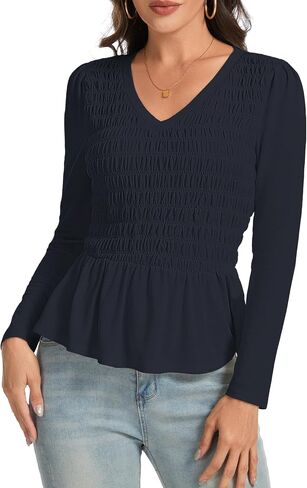 Long Sleeve Shirts for Women V Neck Casual Ruffle Fitted Elastic Blouses Lightweight Tops Women's Work Dress Shirts in Saudi Arabia