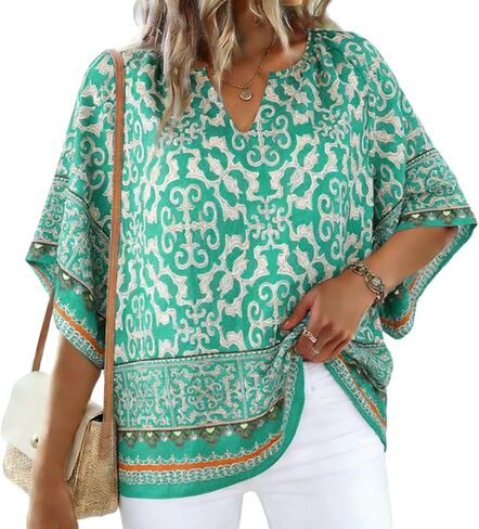 ROYLAMP Women Summer Boho Top V Neck 3/4 Sleeve Floral Paisley Tunic Blouse Loose Fit Casual Vacation Shirt in Saudi Arabia