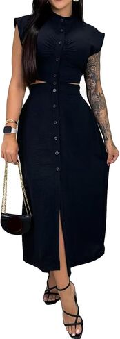 Women's Cap Sleeve Button Cut Off Waist Ruffles Bodycon Sexy Nightclub Party Dress in Saudi Arabia