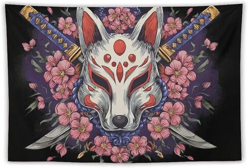JYOUQOC Fox Kitsune Mask Katana Cherry Blossoms Tapestry Flag Backdrop Wall Hanging Large Wall Art Decor for Dorm Office Bedroom Living Room 40"×60" in Saudi Arabia