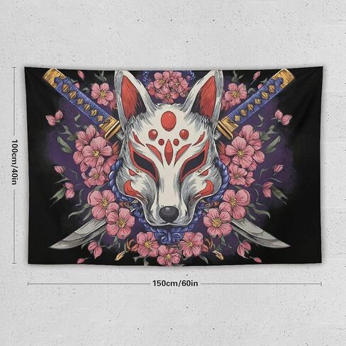 JYOUQOC Fox Kitsune Mask Katana Cherry Blossoms Tapestry Flag Backdrop Wall Hanging Large Wall Art Decor for Dorm Office Bedroom Living Room 40"×60" in Saudi Arabia
