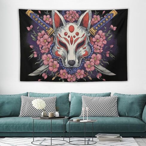 JYOUQOC Fox Kitsune Mask Katana Cherry Blossoms Tapestry Flag Backdrop Wall Hanging Large Wall Art Decor for Dorm Office Bedroom Living Room 40"×60" in Saudi Arabia