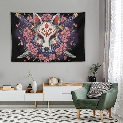 JYOUQOC Fox Kitsune Mask Katana Cherry Blossoms Tapestry Flag Backdrop Wall Hanging Large Wall Art Decor for Dorm Office Bedroom Living Room 40"×60" in Saudi Arabia