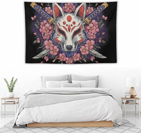JYOUQOC Fox Kitsune Mask Katana Cherry Blossoms Tapestry Flag Backdrop Wall Hanging Large Wall Art Decor for Dorm Office Bedroom Living Room 40"×60" in Saudi Arabia
