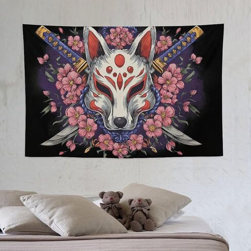 JYOUQOC Fox Kitsune Mask Katana Cherry Blossoms Tapestry Flag Backdrop Wall Hanging Large Wall Art Decor for Dorm Office Bedroom Living Room 40"×60" in Saudi Arabia