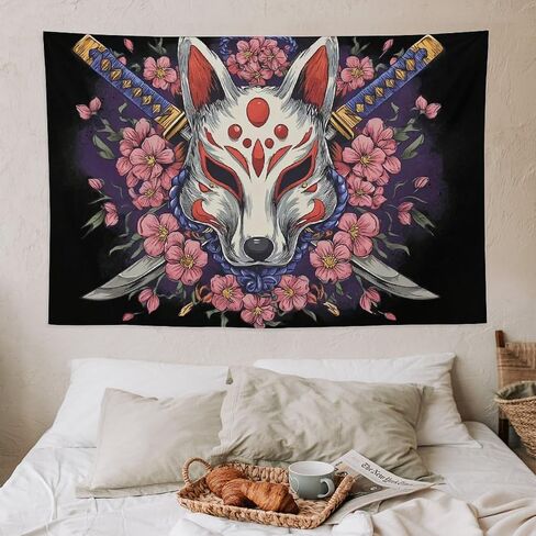 JYOUQOC Fox Kitsune Mask Katana Cherry Blossoms Tapestry Flag Backdrop Wall Hanging Large Wall Art Decor for Dorm Office Bedroom Living Room 40"×60" in Saudi Arabia