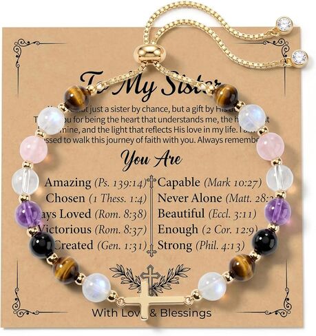 Christian Gifts for Women Cross Bracelet Natural Gemstone Crystal Bracelet Gold Cross Charm Adjustable Birthday Gifts for Women with Message Card in Saudi Arabia