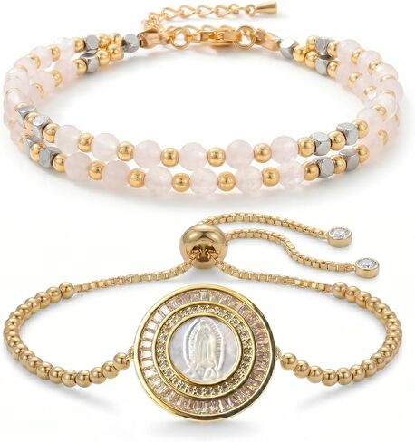 2-Piece Religious Bracelet Set - Featuring Our Lady of Guadalupe Virgen de Guadalupe, St. Jude & St. Michael - Natural Gemstones & 18K Gold Plated Spiritual Jewelry in Kuwait