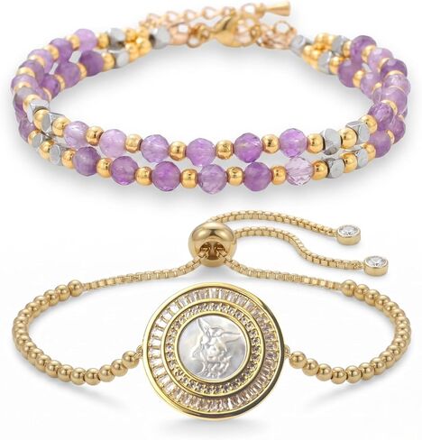 2-Piece Religious Bracelet Set - Featuring Our Lady of Guadalupe Virgen de Guadalupe, St. Jude & St. Michael - Natural Gemstones & 18K Gold Plated Spiritual Jewelry in Kuwait
