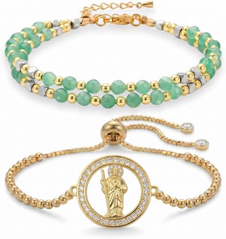 2-Piece Religious Bracelet Set - Featuring Our Lady of Guadalupe Virgen de Guadalupe, St. Jude & St. Michael - Natural Gemstones & 18K Gold Plated Spiritual Jewelry in Kuwait