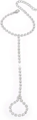 Sparkling Rhinestone Ring Bracelet Silver Hand Chain for Women Radiant Finger Wrist Accessories Prom Statement Jewelry in Saudi Arabia