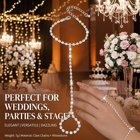 Sparkling Rhinestone Ring Bracelet Silver Hand Chain for Women Radiant Finger Wrist Accessories Prom Statement Jewelry in Saudi Arabia
