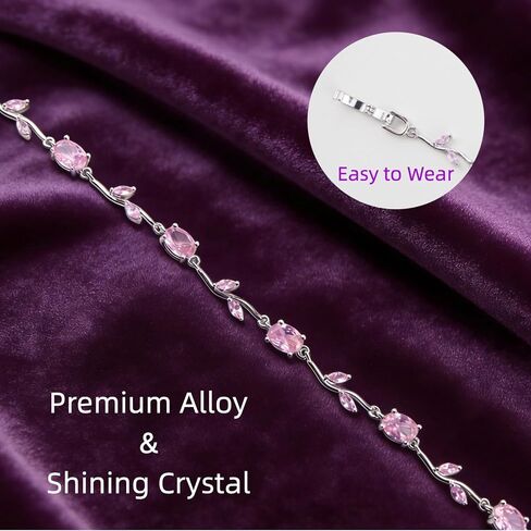 Dainty Pink Vine Bracelet with Sparkling Cubic Zirconia - Fancy Silver Tulip Crystal Leaf Link Bracelet, Floral jewelry for Wedding Birthday Daily Wear Gift for Her in Saudi Arabia