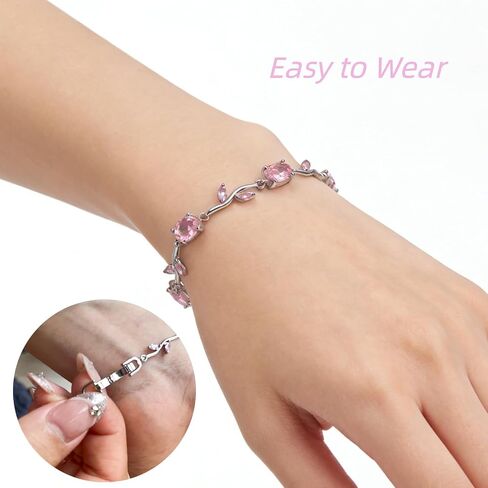 Dainty Pink Vine Bracelet with Sparkling Cubic Zirconia - Fancy Silver Tulip Crystal Leaf Link Bracelet, Floral jewelry for Wedding Birthday Daily Wear Gift for Her in Saudi Arabia