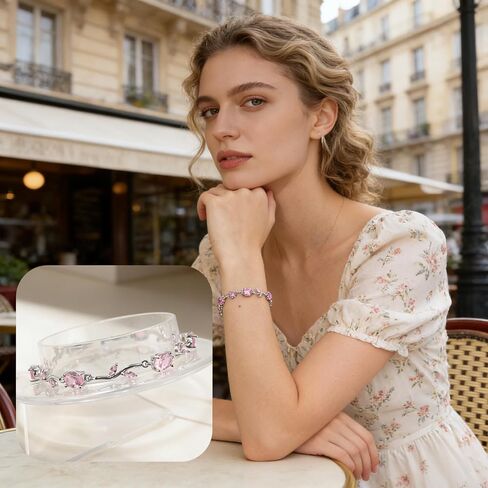 Dainty Pink Vine Bracelet with Sparkling Cubic Zirconia - Fancy Silver Tulip Crystal Leaf Link Bracelet, Floral jewelry for Wedding Birthday Daily Wear Gift for Her in Saudi Arabia