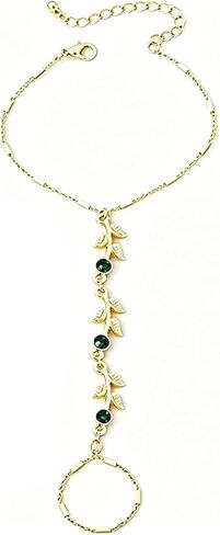 Gold Leaf Hand Chain for Women Pearl Ring Bracelets Hand Chain Dainty Green zircon Ring Bracelets Hand Chain Summer Trendy Jewelry Accessories in Saudi Arabia