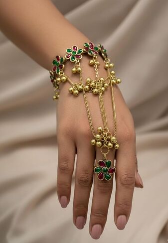 Gold Indian Ring Bracelet Haathphool for Women Hand Chain Finger Ring Link Chain Panja Bracelet Hand Jewelry Gifts for Birthday Anniversary for Wife in Saudi Arabia