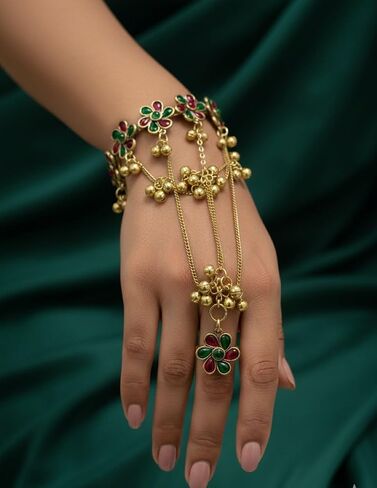 Gold Indian Ring Bracelet Haathphool for Women Hand Chain Finger Ring Link Chain Panja Bracelet Hand Jewelry Gifts for Birthday Anniversary for Wife in Saudi Arabia