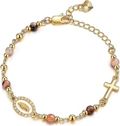 Gold Virgin Mary Bracelet for Women 14k Gold Plated Virgen De Guadalupe Beads Bracelet Catholic Virgin Mary Cross Charm Brace-let Faith Baptism Confirmation Jewelry Gifts for Her in Saudi Arabia