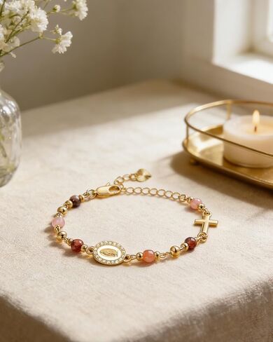 Gold Virgin Mary Bracelet for Women 14k Gold Plated Virgen De Guadalupe Beads Bracelet Catholic Virgin Mary Cross Charm Brace-let Faith Baptism Confirmation Jewelry Gifts for Her in Saudi Arabia